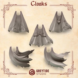 May include: Five different styles of cloaks, all in a light brown color. The cloaks are made of a soft, flowing fabric and have various designs and embellishments. The word "Cloaks" is written in a decorative font at the top of the image.