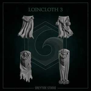 May include: Four 3D printed plastic loincloths with different designs, including skulls, chains, and rope. The loincloths are labeled "Loincloth 3" and "Greytide Studio".