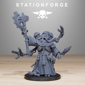 May include: A gray plastic miniature figure of a hooded figure with multiple mechanical arms and a large axe. The figure is standing on a round base. The figure is wearing a long robe and has a gas mask on its face. The figure is holding a large axe in its right hand. The figure is surrounded by various mechanical parts.