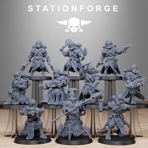 May include: A set of 11 gray plastic miniature figures, each with a unique design and pose. The figures are standing on circular bases and appear to be part of a fantasy or science fiction game.