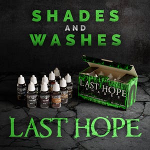 May include: A set of Last Hope Shades and Washes in a green and black box, with the text "LAST HOPE SHADES & WASHES SET 10 x 18ml bottles". Several bottles of shades are displayed in front of the box. The words "SHADES AND WASHES" and "LAST HOPE" are in green.