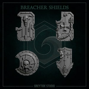 May include: Four gray, detailed Breacher Shields are displayed against a dark teal background. Each shield has a unique design, including skulls, crosses, and mechanical elements. The text "BREACHER SHIELDS" is at the top, and "GREYTIDE STUDIO" is at the bottom.