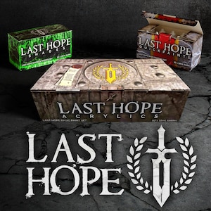 May include: Product shot of Last Hope acrylic paint sets. The image features three boxes: a green box labeled "Shades", a box with open lid labeled "Quickpaints", and a large box labeled "Acrylics". The Last Hope logo is also visible.