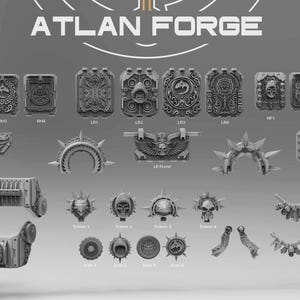 May include: A collection of intricately detailed, gray-toned miniature components, possibly for a model or game. The pieces include rectangular panels, decorative arches, and circular emblems, all with embossed designs and the text "ATLAN FORGE" at the top.