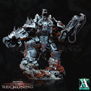 May include: A detailed, gray and silver painted miniature of a robot with a large, mechanical arm and a smaller arm with a claw. The robot is standing on a rocky base with orange and brown details. The miniature is part of the Demonstar The Reckoning game.