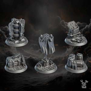 May include: A set of six miniature 3D printed models, including a generator, a flagpole with two banners, a chest, and two barrels. The models are made of gray plastic and are designed for tabletop gaming.