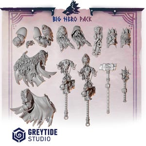 May include: A collection of unpainted miniature figurines and components, including heads, arms, capes, and weapons. The text "BIG HERO PACK" is visible at the top. The GreyTide Studio logo is at the bottom.