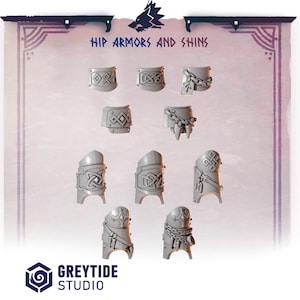 May include: A collection of grey, stylized hip armors and shins, with various Celtic knot and chain designs. The text "HIP ARMORS AND SHINS" is at the top. The GreyTide Studio logo is at the bottom.