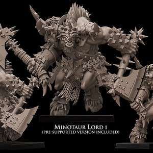 May include: Three grey 3D printed miniature figures of Minotaur Lords, each with a horned bull head, a muscular body, and holding a spiked axe. The figures are posed in dynamic action stances. The text "MINOTAUR LORD 1 (PRE-SUPPORTED VERSION INCLUDED)" is printed below the figures.