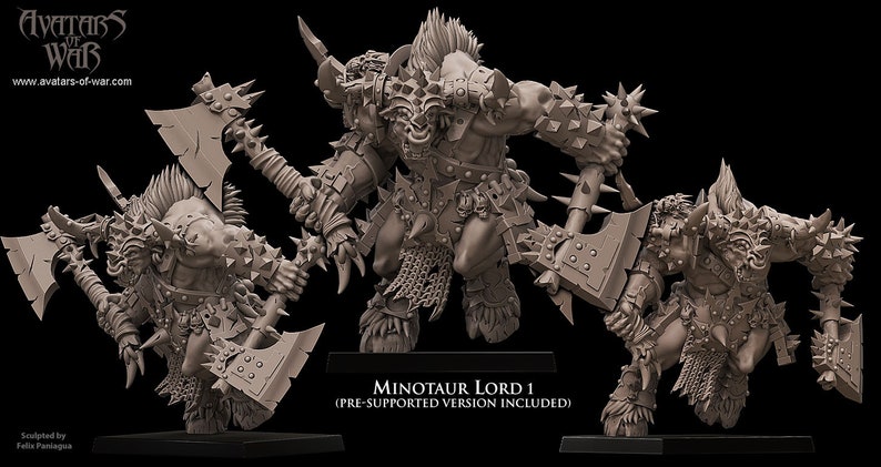 May include: Three grey 3D printed miniature figures of Minotaur Lords, each with a horned bull head, a muscular body, and holding a spiked axe. The figures are posed in dynamic action stances. The text "MINOTAUR LORD 1 (PRE-SUPPORTED VERSION INCLUDED)" is printed below the figures.