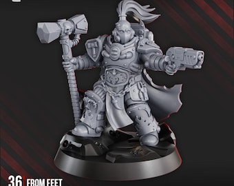 May include: A grey plastic miniature of a space marine wielding a power hammer and a pistol. The miniature is standing on a round base. The miniature is 36 mm tall from feet to eyes. DakkaDakka.Store is printed on the base.