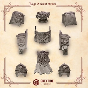 May include: A set of 3D printed plastic miniatures for a tabletop game. The miniatures are grey and feature a skull and chain design. The miniatures are labeled "Rage Ancient Armor".