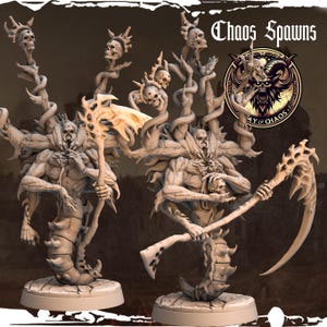 May include: Two detailed, multi-armed, skeletal figures with bony wings and skulls. The figures are holding weapons and are standing on circular bases. The text "Chaos Spawns" is visible in the image.