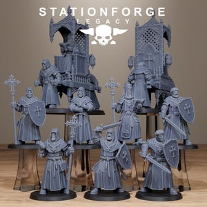 May include: A collection of gray miniature figures, including robed characters with crosses, shields, and swords. The figures are arranged with two ornate throne-like structures in the background. The text "STATIONFORGE LEGACY" is at the top.