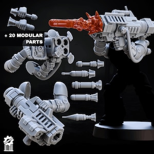 May include: A set of gray miniature wargaming weapon components including a large heavy weapon with a translucent orange muzzle blast, various missile attachments, and a multi-barreled launcher. The image includes the text + 20 MODULAR PARTS.