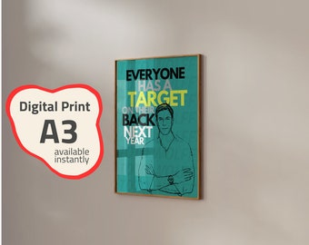 May include: A teal and yellow motivational poster with the text "Everyone has a target on their back next year". A man with a beard is pictured in the poster.