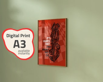 May include: A digital print of a red and black checkered flag with a black and white illustration of a race car. The text "It's lights out and away we go" is printed on the flag.