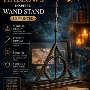 May include: A 3D printed wand stand featuring the Deathly Hallows symbol, measuring 23cm tall, 22cm wide, and 9cm deep. The stand is dark brown with a weathered finish and holds a long, thin, textured wand upright in the center of the triangle.