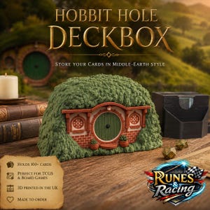 May include: A deck box shaped like a round-doored hobbit hole with a green door, brick facade, and textured green foliage exterior. The box features a central circular door, two side windows, and two small potted plants flanking the entrance.