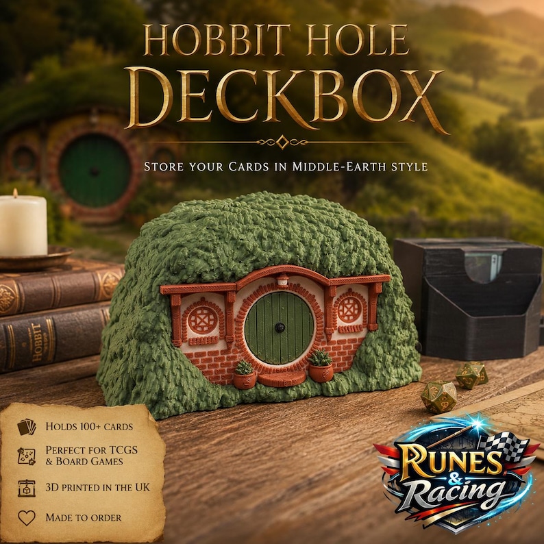 May include: A deck box shaped like a round-doored hobbit hole with a green door, brick facade, and textured green foliage exterior. The box features a central circular door, two side windows, and two small potted plants flanking the entrance.