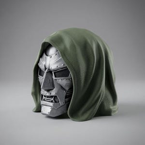 Op de afbeelding: Een metallic zilverkleurig masker met een geklonken ontwerp en een prominente kaaklijn, gedeeltelijk bedekt door een textuurrijke olijfgroene kap. Het masker heeft donkere oogkassen en een gestructureerde voorplaat met een stijve uitstraling.