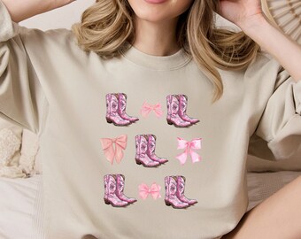 Cowgirl Coquette Sweatshirt, Cowgirl Boots and Bows Sweatshirt, Western Coquette, Bows and Boots, Girly Cowgirl, Soft Girl Era, Coquette