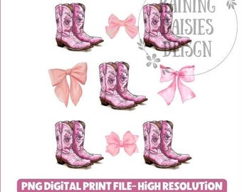 Cowgirl Coquette PNG-Datei, westliches Sublimationsdesign, Cowgirlstiefel PNG, Stiefel mit Bögen, Coquette-Shirt-Design, rosa Schleife png, Country Bögen