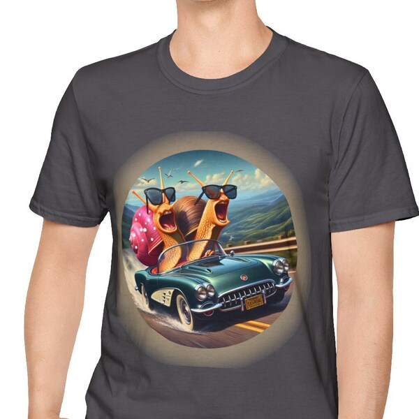 Escargot T-shirt, Eco-friendly Snail Corvette Tshirt, Funny This Car Go Tee, Auto Race Sports Crew Collar Top, Retro Super Soft Unisex Shirt
