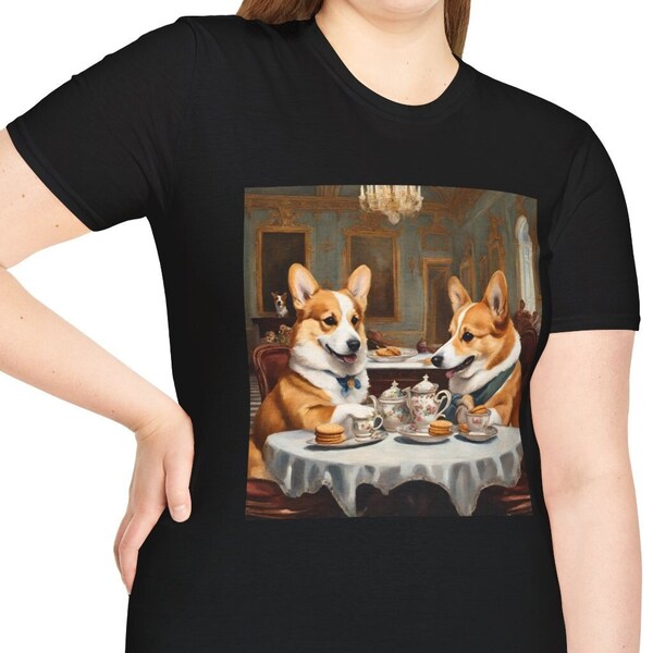 Corgi Tea & Biscuits T-shirt, Eco-friendly Pembroke Dog Tshirt, Cardigan Welsh Tee, Canine Humor Crew Collar Top, Super Soft Unisex Shirt