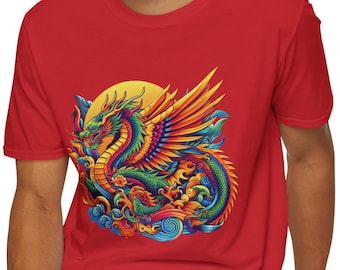 Colorful Dragon T-Shirt, Eco-friendly Chinese Zodiac Tshirt, Serpentine Tee, Fire Breathing Crew Collar Top, Tiamat Super Soft Unisex Shirt