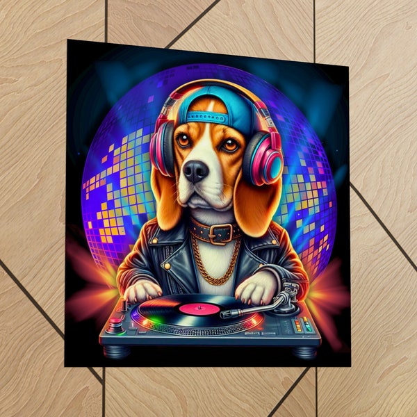 DJ Beagle Beats Poster, Square Eco-Friendly Dance Club Art, Cute Dog Humor Artwork, Disc Jockey Wall Hanging, Fun Music Lover Rock Picture