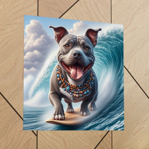 Big Blue Poster, Square Eco-Friendly American Pit Bull Terrier Art, Cute Surfing Dog Wall Hanging, Canine Humor Artwork, Funny Pitbull Print