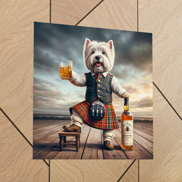 Affiche de scotch des West Highlands, art du Westie respectueux de l'environnement, oeuvre d'art du terrier écossais, tenture murale humoristique de chien, impression d'animal de compagnie drôle, photo de whisky