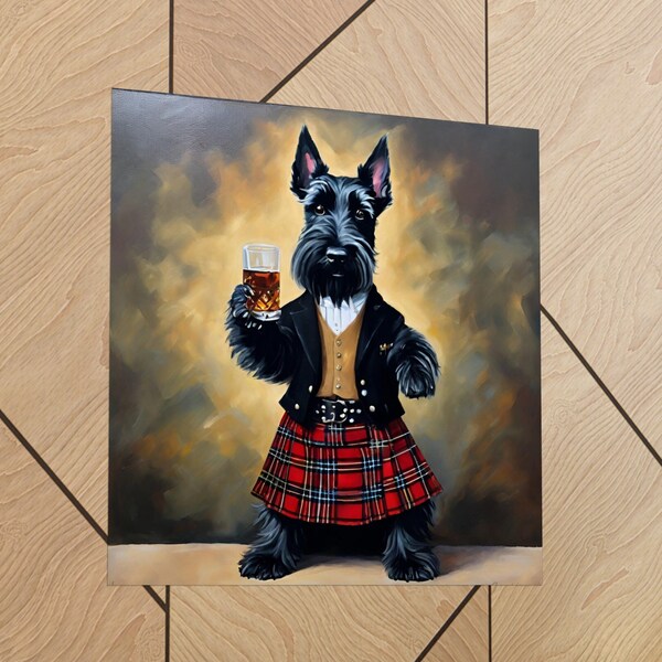 Affiche de scotch écossais Scottie, oeuvre d'art écologique On the Rocks, oeuvre d'art avec humour de chien, kilt suspendu au mur, impression de bar pub, photo drôle de terrier