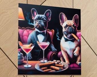 Frenchie Poster, Square Eco-Friendly Art, French 75 Cocktail Artwork, Bar Humor Wall Art, Silly French Bulldog Print, Funny Dog Meme Picture