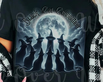 Maglietta Black Cat Convention, Maglietta Witchy Cat, Maglietta divertente Halloween Cat, Maglietta grafica Gothic Cat, Maglietta Moon Cat, Abbigliamento Witchcore