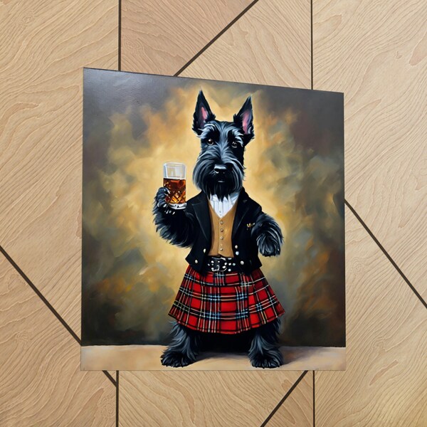 Poster de scotch écossais écossais, oeuvre d'art carrée écologique, oeuvre d'art humoristique chien, kilt suspendu au mur, impression on the rocks, photo drôle de terrier