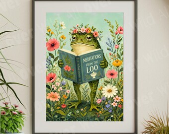 Reading Frog Wall Art, Whimsical Book Lover Print, Cottagecore Library Decor, Botanical Toad Poster, Funny Reader Gift