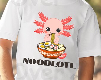 アホロートル「ヌードル」キッズシャツ、ラーメンを食べる動物Tシャツ、サラマンダーTシャツ、子供と若者向けの奇妙な生き物アパレル