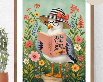 Funny Seagull Wall Art, Beach House Decor, Steal Fries Deny Everything Print, Coastal Bird Poster, Whimsical Book Lover Gift