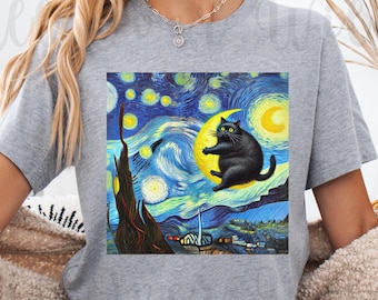 Starry Night Cat T-Shirt: Funny Van Gogh Parody Shirt, Whimsical Cat Lover Gift, Unisex Tee