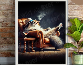 Ragdoll Cigar Poster, Ragdoll Cat Art Print, Funny Smoking Cat Wall Art, Cigar Bar Lounge Decor, Gift for Ragdoll Mom Dad