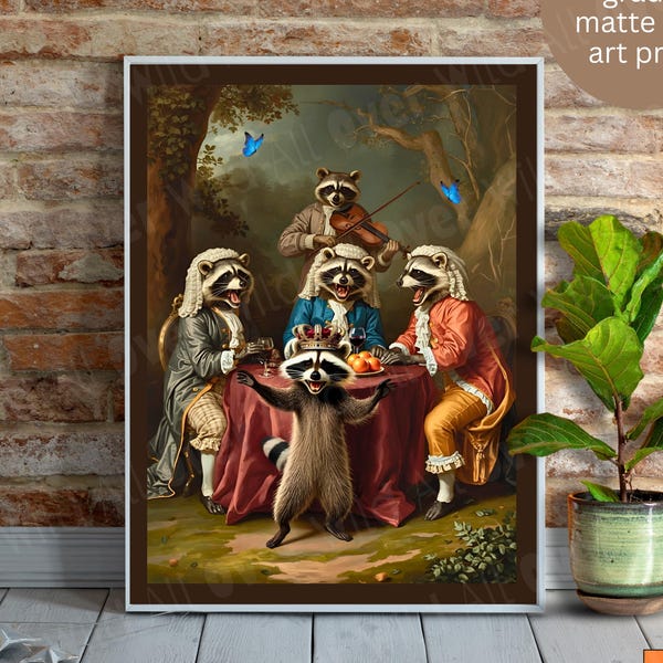 Wiktoriański wydruk artystyczny z szopem praczem | Zabawna grafika ścienna ze zwierzętami | Fantazyjne szopy pijące wino | Plakat z zaczarowanym lasem