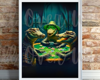 Swamp Gator Poker Art Print: Funny Alligators Playing Cards Poster, Cajun Bayou Reptile Decor