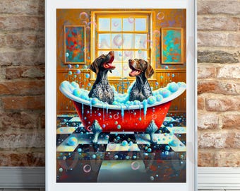 German Shorthaired Pointer Bath Wall Art, Whimsical GSP Bathroom Print, Dog Bubble Bath Poster, Cute GSP Couple Art, Gift for GSP Family