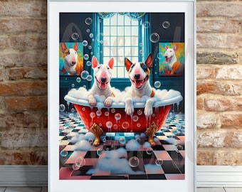 Bull Terrier Bubble Bath Poster, Bull Terrier Bathtub Wall Art, Whimsical Dog Bathroom Decor, Gift for Bull Terrier Mom, BT Lover Gifts