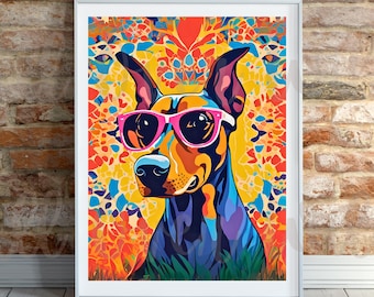 Arte de pared de Doberman, lámina colorida de Dobie, decoración moderna para perros, obra de arte de Doberman con gafas de sol, regalo para Doberman Pinscher