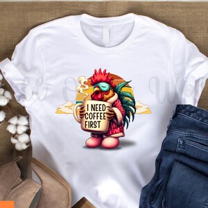 Funny Rooster Coffee T-Shirt, Need My Coffee First Tee, Morning Mood Chicken Shirt, Caffeine Lover Gift, Farm Animal Graphic, Cottagecore