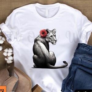 Peaceful Lioness T-shirt, Female Lion Poppy Flower Tee, Fierce Woman Gift, Feminine Strength Shirt, Wild Cat Gift for Her, Silent Beauty