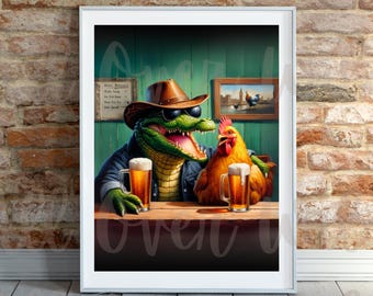 Alligator Wall Art, Gator Bar Print, Funny Bayou Decor, Southern Swamp Artwork, Chicken Pub Poster, Man Cave Gift